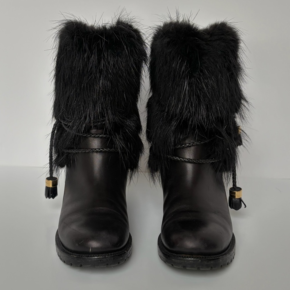 Louis Vuitton Black Fur Moto Boots with Leather Tassel Accents - Picture 2 of 11